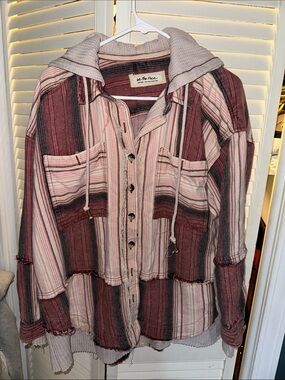 We The Free Striped Hooded Button-Up Jacket in Maroon and Pink